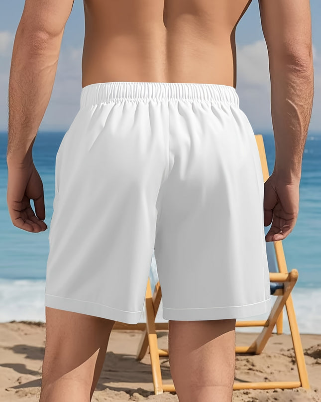 Men'S Plus Size White Beach Shorts with Black Geometric Print - Casual Drawstring Waist, Comfortable Polyester Fabric for Summer, PLUS SIZE - SeviSa