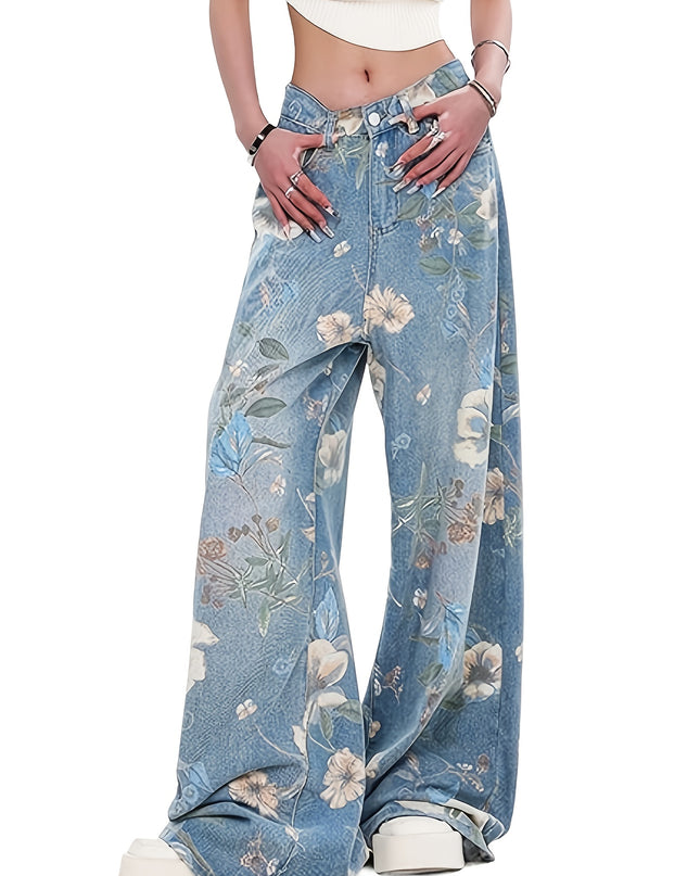 [Allseason Versatility] Women's High-Waisted Floral Print Loose-Fit Wide Leg Jeans - Light Blue Denim with Elastic Waistband, Street Style Fashion Pants for All Seasons - SeviSa