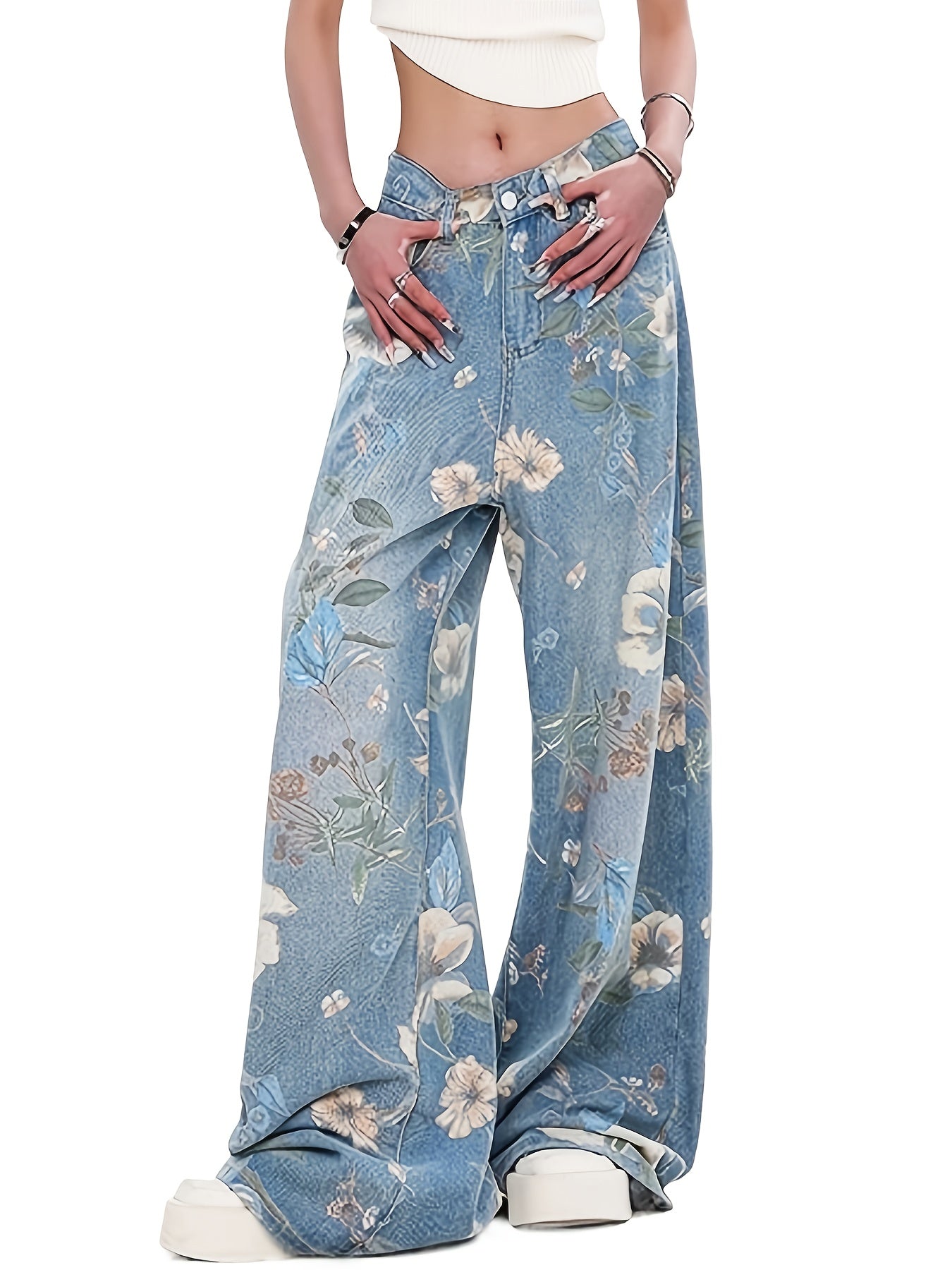 [Allseason Versatility] Women's High-Waisted Floral Print Loose-Fit Wide Leg Jeans - Light Blue Denim with Elastic Waistband, Street Style Fashion Pants for All Seasons - SeviSa