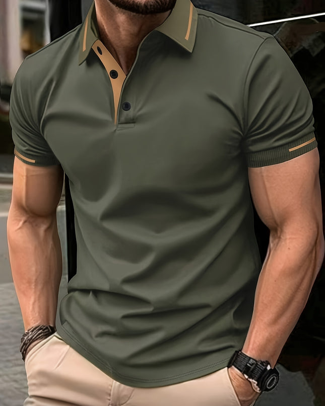Men's Summer Casual Sport T-Shirt - Breathable Short Sleeve Button-Up with Red Trim, Dark Green Solid Color, Regular Fit for Running, Outdoor & Casual Attire, Sports T Shirt, Durable Sportswear - SeviSa