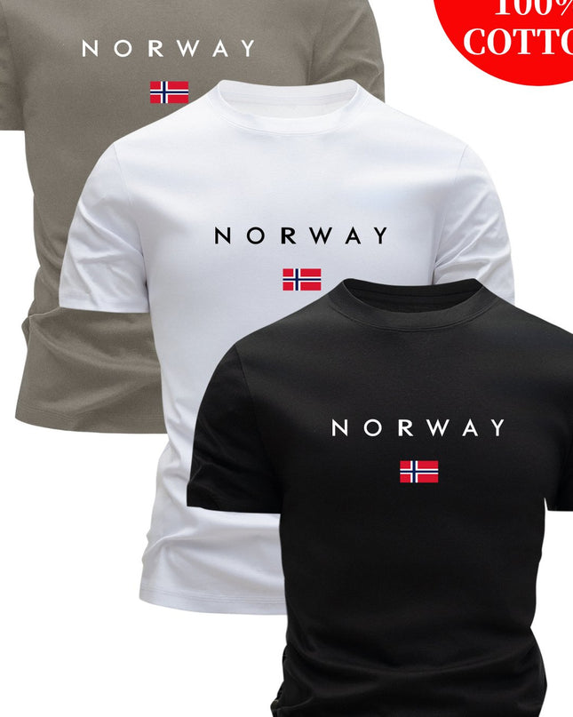 3pcs Men'S 100% Cotton Slim Fit T-Shirts - Breathable Sweat Absorbent Summer Casual Tees with "NORWAY" Graphic Print, Round Neck Short Sleeve for Outdoor & Casual Attire, Comfortable Clothing, Simple Solid Color Design, Breat - SeviSa