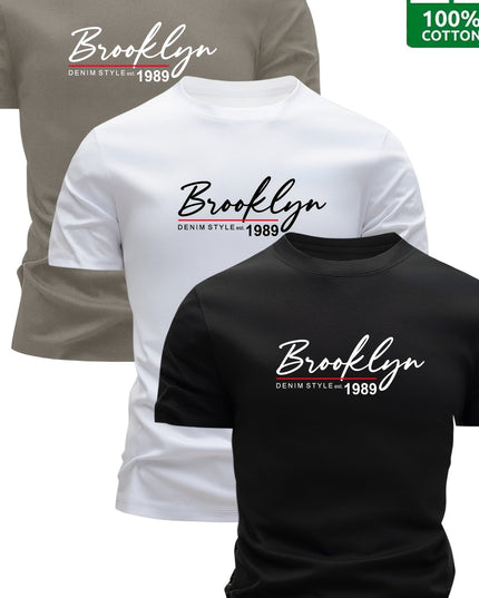 Set of 3 Men'S 100% Cotton T-Shirts, Lightweight for Summer, Breathable And Moisture-Wicking, Featuring a Round Neck And Print Design, Sweat-Resistant - SeviSa
