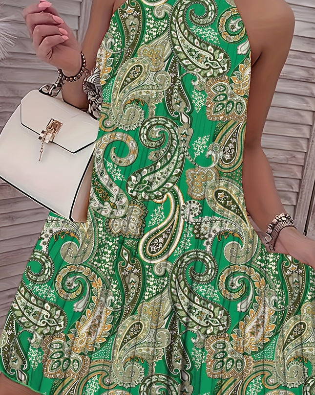 2024 European And American Summer New Geometric Pattern Printed Sleeveless Pleated Off-Shoulder Vacation Style Dress - SeviSa