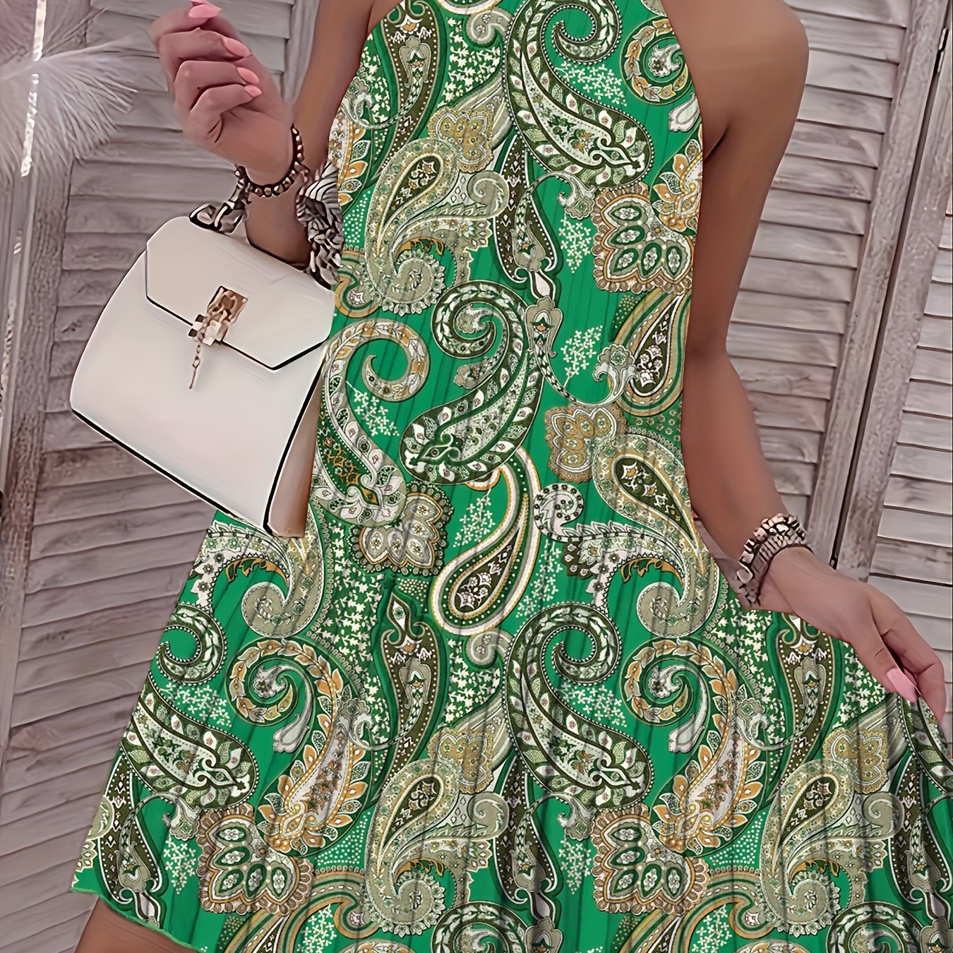 2024 European And American Summer New Geometric Pattern Printed Sleeveless Pleated Off-Shoulder Vacation Style Dress - SeviSa