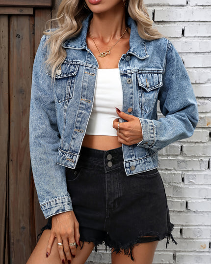 Blue Long Sleeves Denim Coats, Single-Breasted Button Flap Pockets Cropped Lapel Denim Jackets, Women's Denim Clothing - SeviSa