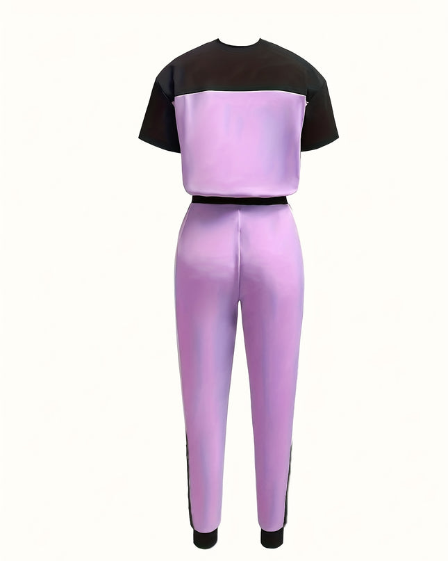 Casual Color Block Short Sleeve Round Neck T-Shirt and Long Pants Two-Piece Set