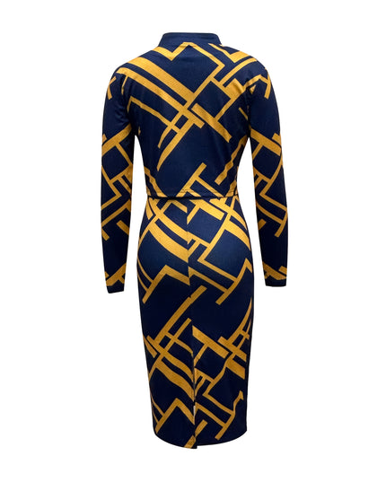 Women'S Geometric Print Zip-Up Jacket and Dress Set - Navy Blue and Yellow, Knit Polyester, Long Sleeve, Zipper Front, All-Season Wear, Stylish Office Attire, Office Attire|Geometric Print|Zippered Jacket