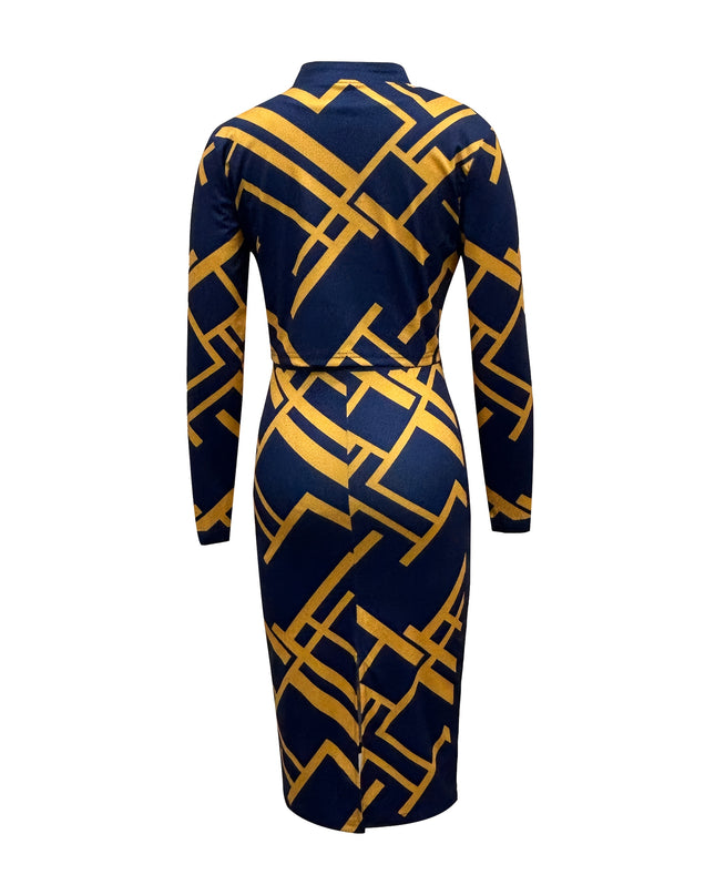 Women'S Geometric Print Zip-Up Jacket and Dress Set - Navy Blue and Yellow, Knit Polyester, Long Sleeve, Zipper Front, All-Season Wear, Stylish Office Attire, Office Attire|Geometric Print|Zippered Jacket