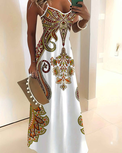 Elegant Women'S Sleeveless Cami Maxi Dress with Vibrant Paisley & Floral Print - Loose Fit, Crew Neck, Summer Casual Wear, Polyester, White with Colorful Pattern
