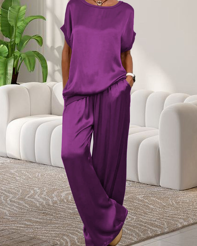 Women'S Elegant Lavender Polyester Pajama Set - Short Sleeve, Round Neck, Wide Leg Pants with Pockets, Perfect for Spring/Summer Home Wear, Relaxed Fit Pajamas|Elegant Pajama Set|Polyester Fabric