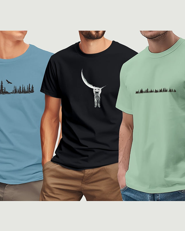 3pcs Men'S 180GSM Cotton Short Sleeve T-Shirts - Regular Fit Round Neck with Bold Skull & Fishbone Print - SeviSa
