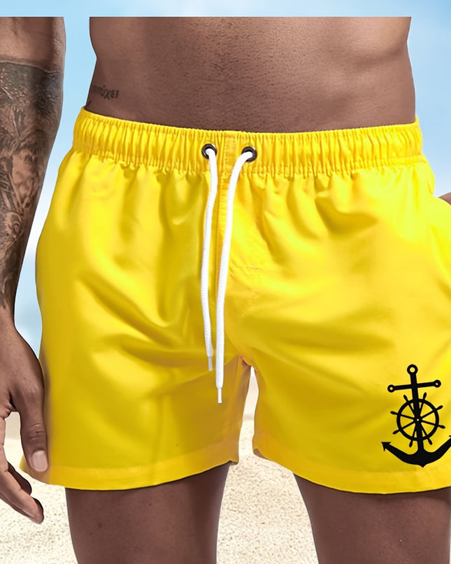 Men's Quick-Dry Swim Shorts - Navy Blue Board Shorts with Anchor design, Elastic Drawstring Waist - Lightweight Beach Swim Trunks for Surfing, Swimming, Gym, Vacation - Fast-Drying Quick Suit for Ocean & Pool Activities, Swim - SeviSa