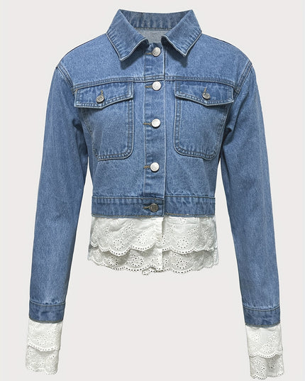 Women's Elegant Light Blue Denim Jacket with Contrast Lace Trim, Flap Pockets, and Button-Up Front - Stylish Long Sleeve Outerwear for Spring/Fall, Spring Outerwear | Buttonup Jacket | Polyester Denim - SeviSa