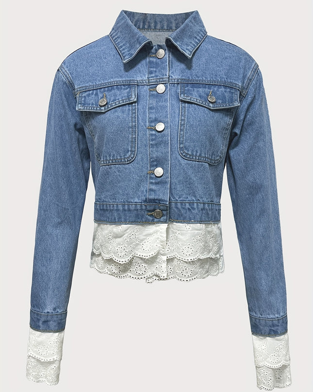 Women's Elegant Light Blue Denim Jacket with Contrast Lace Trim, Flap Pockets, and Button-Up Front - Stylish Long Sleeve Outerwear for Spring/Fall, Spring Outerwear | Buttonup Jacket | Polyester Denim - SeviSa