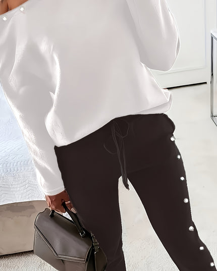 Women'S Stylish Off-Shoulder White Top & Black Pants Two-Piece Set - Casual Long Sleeve, Scoop Neck, Polyester Blend, Pockets, Drawstring Waist, Spring/Summer Casual Wear, Casual Attire|Scoop Neck Top|Polyester Blend