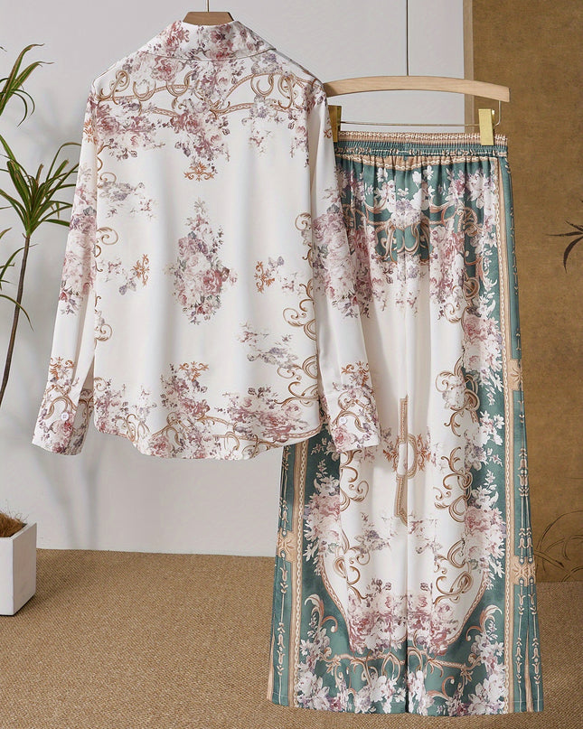 Women'S Tropical Print Long Sleeve Loose Shirt and Elastic Waist Pants Set - Vacation Style, Button Detail, Spring/Fall Fashion, Casual Attire|Tropical Print Top|Button Detail Pants