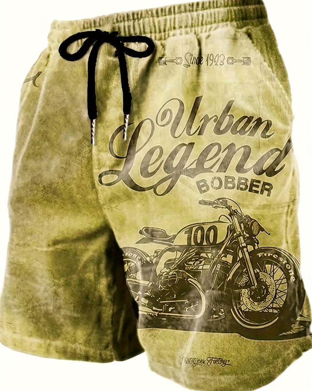 Men's Retro Motorcycle Print Shorts | Urban Legend Bobber | Vintage Biker Graphic | Polyester with Drawstring Waistband | Machine Washable | Casual Summer Wear, Motorcycle Apparel | Retro Bobber Design | Smooth Texture Fabric - SeviSa