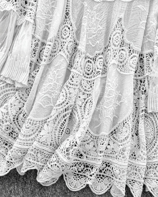 Women's Bohemian Vintage Lace- Dress - Long Sleeve A-Line Midi Dress with Crochet Cut-Out Details, Semi-Sheer Round Neck Boho Dress for Casual & Formal Occasions, Cute Dresses, Special Occasion Wear, Intricate Crochet Design - SeviSa