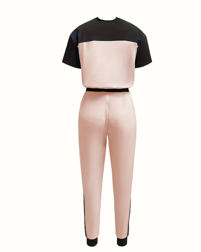 Casual Color Block Short Sleeve Round Neck T-Shirt and Long Pants Two-Piece Set