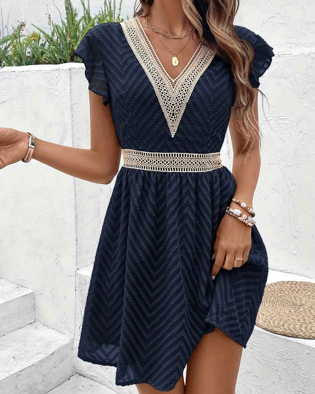 Elegant French Lace V-Neck A-Line Dress for Women - Chic Summer Sleeveless Dress with Contrast Lace Detailing, Lightweight Polyester Blend, Perfect for Casual or Formal Occasions, Lace Dress