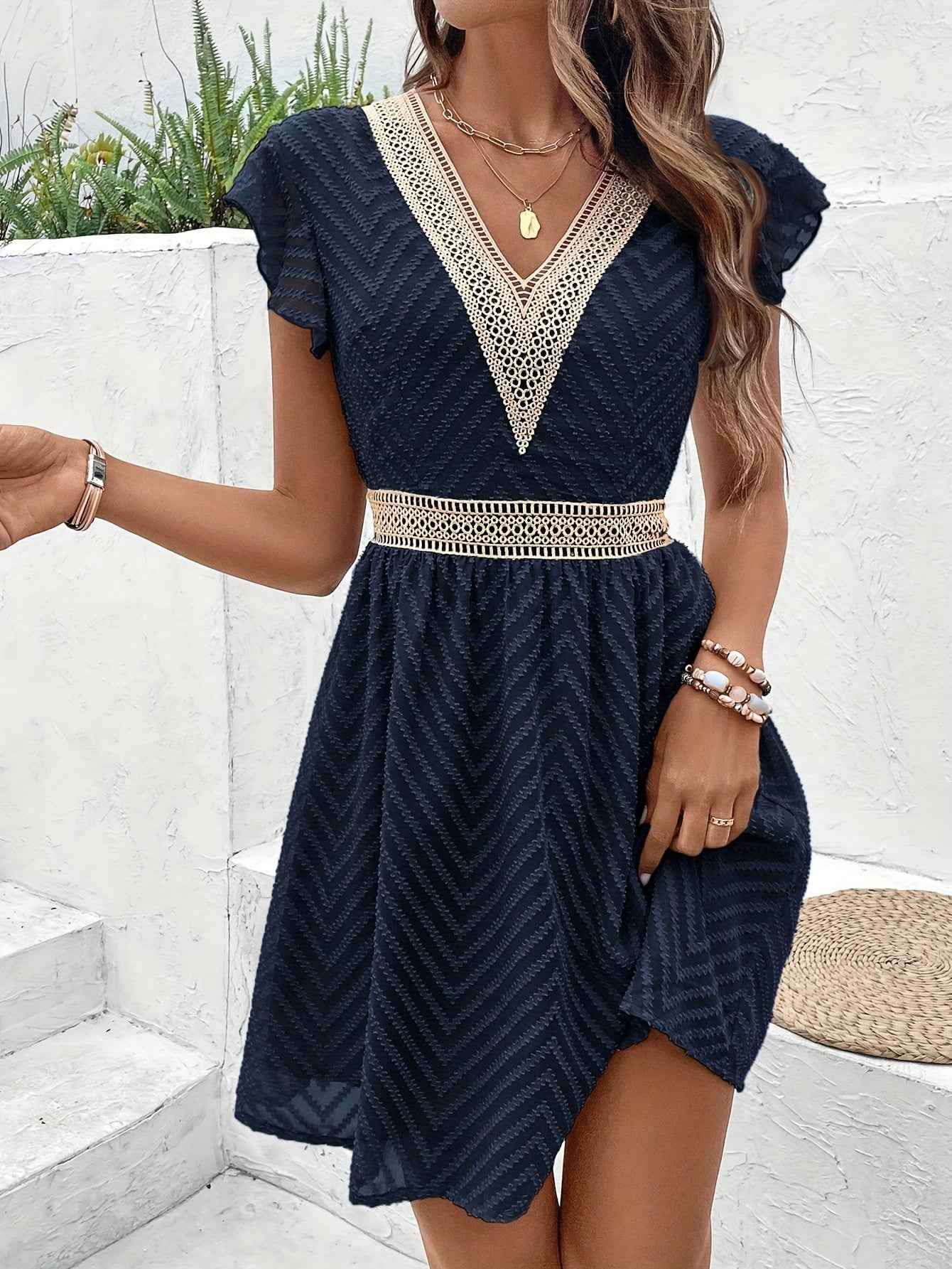 Elegant French Lace V-Neck A-Line Dress for Women - Chic Summer Sleeveless Dress with Contrast Lace Detailing, Lightweight Polyester Blend, Perfect for Casual or Formal Occasions, Lace Dress