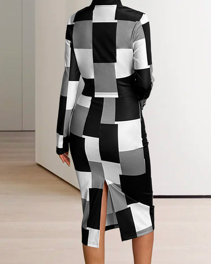 Women'S Geometric Print Zip-Up Jacket and Dress Set - Navy Blue and Yellow, Knit Polyester, Long Sleeve, Zipper Front, All-Season Wear, Stylish Office Attire, Office Attire|Geometric Print|Zippered Jacket