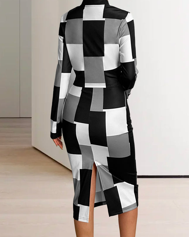 Women'S Geometric Print Zip-Up Jacket and Dress Set - Navy Blue and Yellow, Knit Polyester, Long Sleeve, Zipper Front, All-Season Wear, Stylish Office Attire, Office Attire|Geometric Print|Zippered Jacket