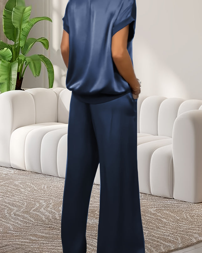 Women'S Elegant Lavender Polyester Pajama Set - Short Sleeve, Round Neck, Wide Leg Pants with Pockets, Perfect for Spring/Summer Home Wear, Relaxed Fit Pajamas|Elegant Pajama Set|Polyester Fabric