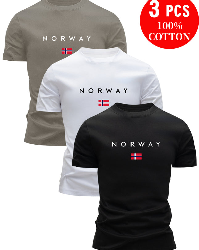 3pcs Men'S 100% Cotton Slim Fit T-Shirts - Breathable Sweat Absorbent Summer Casual Tees with "NORWAY" Graphic Print, Round Neck Short Sleeve for Outdoor & Casual Attire, Comfortable Clothing, Simple Solid Color Design, Breat - SeviSa