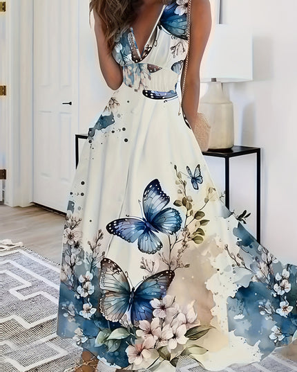 Women's Floral & Butterfly Print V-Neck Sleeveless Dress - Fitted Top & Flowy Skirt, Breathable All-Season Casual Outdoor Dress, Machine Washable, Seasonal Fashion, Sophisticated Casual, Comfortable Fit - SeviSa
